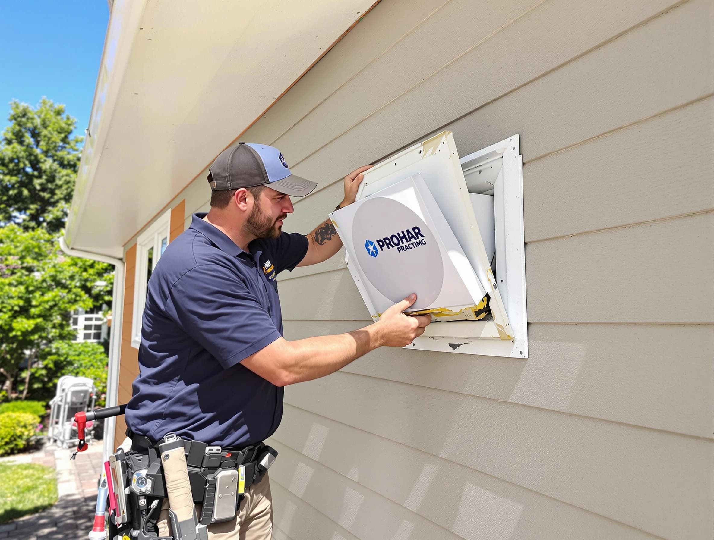 Monument Dryer Vent Cleaning technician installing a new protective dryer vent cover on a home in Monument