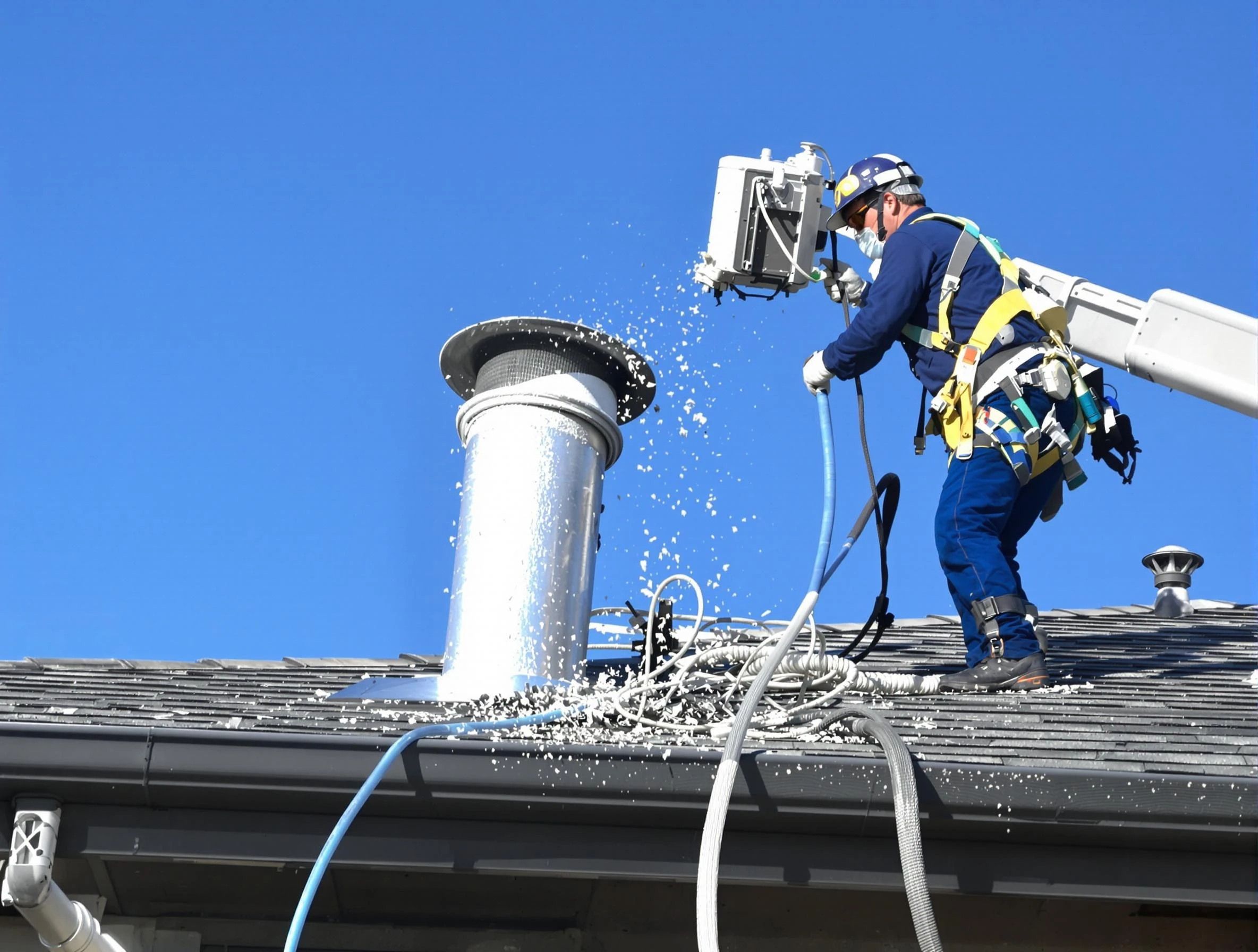 Monument Dryer Vent Cleaning certified technician safely cleaning a roof-mounted dryer vent in Monument