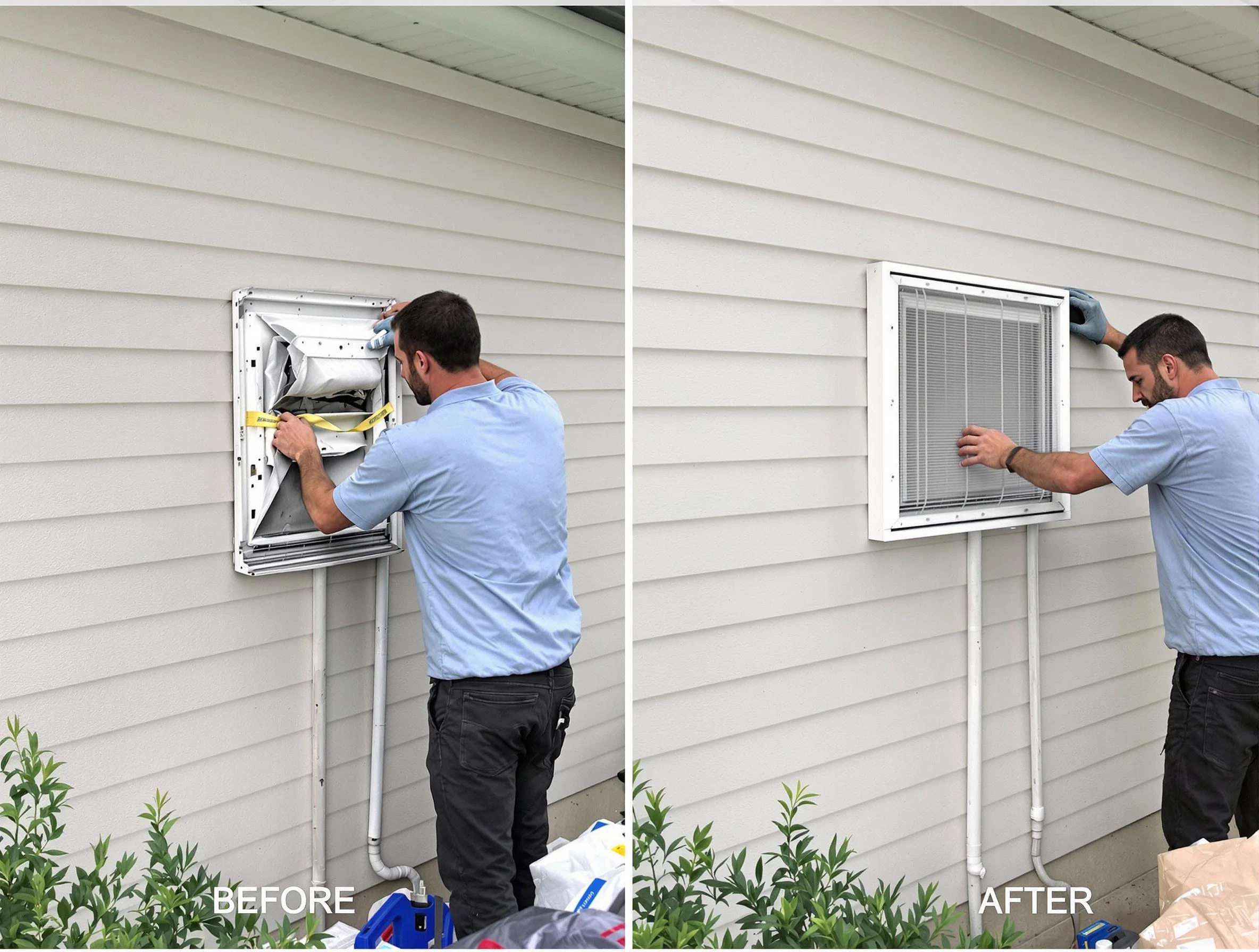 Monument Dryer Vent Cleaning technician installing high-quality dryer vent cover at a residential property in Monument